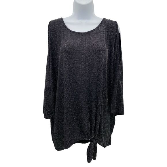 New Oliver Black Silver Metallic Cold Shoulder Long Sleeve Blouse Tie Sparkle 2X - Picture 1 of 8